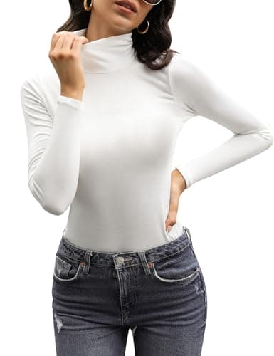 Image of Aottori White Turtleneck Tops for Women UK Ladies Long Sleeve Polo Roll Neck Jumpers Lightweight Solid Pullover Base Layer T-Shirt Top White L