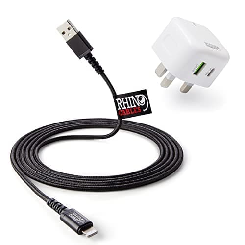 Image of rhinocables MFi Certified Lightning Cable with USB A/USB C Dual Port Fast Mains Charging Plug - Cable and Mains Charger for All Lightning-Compatible Devices, 50cm (More Lengths Available)