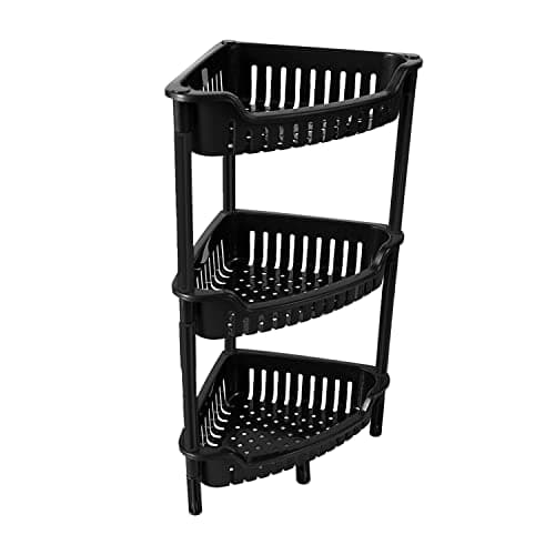 Image of JMS we create smile 1 x Black Strong Plastic Shower Caddy - 3 Tier Corner Shelf Bathroom Rack, Kitchen Storage Unit Rack - Floor Standing For Shampoo Shower Gel - Home Decor