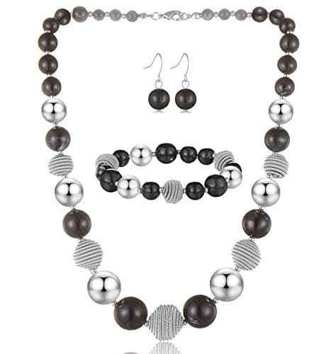 Image of BULINLIN Chunky Beaded Silver Necklace Earrings Pearl Handmade Bracelet Set Statement Costume Fashion Jewellery Set Birthday Gifts for Women(Black)
