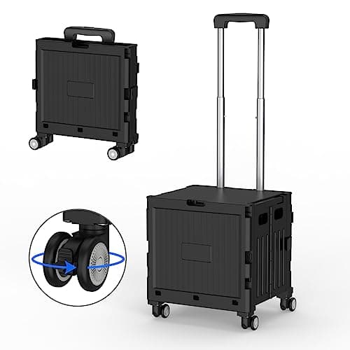 Image of Marketero Collapsible Shopping Box Trolley on Wheels with Lid Folding Teacher Trolley Cart with Heavy Duty Wheels 360°Rotate & Telescopic Handle for Camping Shopping Moving Black, HGH189
