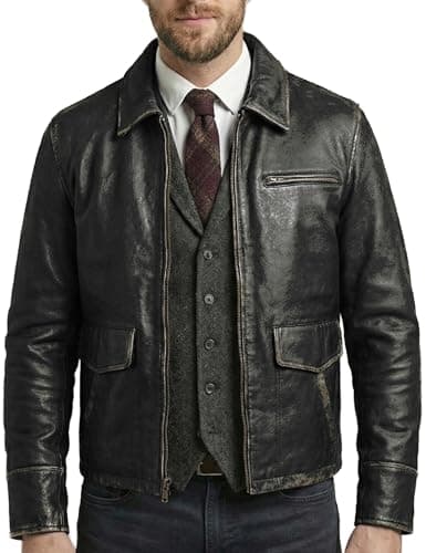 Image of SHOP OF JACKETS LIMITED Real Leather Jacket Mens | Genuine Lambskin Biker Black Jacket | Made With Vintage Styled Distress Leather | Size: 2XL