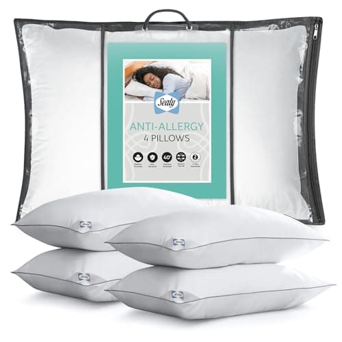 Image of Sealy Anti-Allergy Pillows - Medium Support Bed Pillows for All Sleeping Positions with Fibadown Fibres and Piped Edges - Machine Washable, Pack of 4