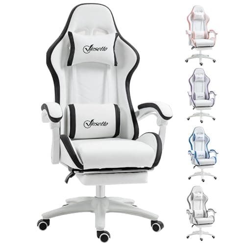 Image of Vinsetto Ergonomic Computer Gaming Chair, PU Leather Office Desk Chair with Footrest, Swivel Wheels, 135° Reclining Back, Lumbar Support, Headrest for Home, White and Black