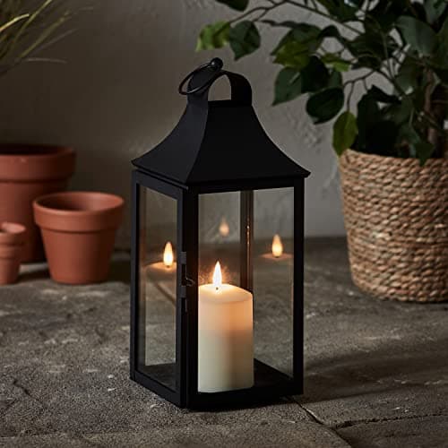 Image of Lights4fun Outdoor Garden Classic Black Metal Decorative Lantern with TruGlow® Candle Battery Operated Remote & Timer 34cm