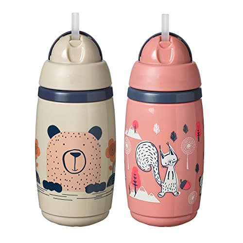 Image of Tommee Tippee Insulated Straw Bottle, 266ml, for Toddlers 12m+, 2 Pack, Pink and Grey, Spill Proof Toddler Water Bottle, Flip Lid Helps Keep Straw Clean, Leak-Proof and BPA Free