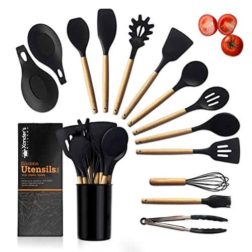 Image of Xander’s Kitchen Silicone Utensil Set 14 Pieces – Bamboo Kitchen Utensils – Kitchen Accessories Made with Food Grade Silicone and Wooden Handle – Heat-Resistant Utensils