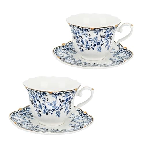 Image of TMZDCJK Elegant Afternoon Tea Set, Ceramic Coffee Mugs and Espresso Cups with Saucers, Set of 2 Blue and White Porcelain China Mugs, Vintage Gilded Design