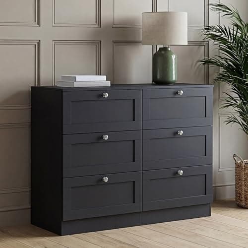Image of Vida Designs Altino 6 Drawer Chest of Drawers | Black | H 76.5 x W 100 x D 36 cm | Wide Bedroom Storage Unit | Easy Assembly | Clothes Storage Cabinet | Modern Shaker Style Hallway or Guest Room