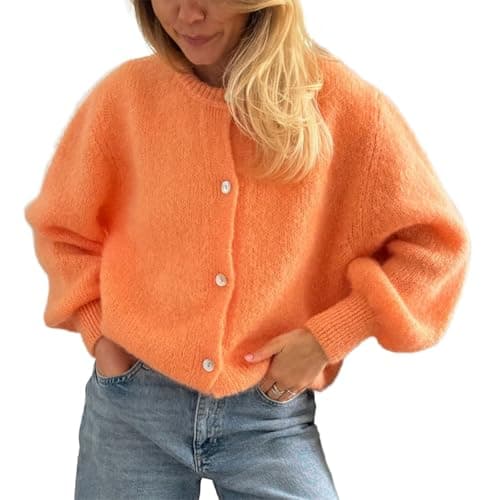 Image of Caziffer Women's Y2K Crop Knit Cardigan Autumn Winter Button up Cardigan Knitted Solid Color Soft Sweater Going Out Tops (D Orange, L)