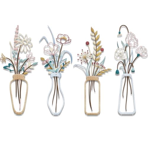 Image of TWINKLEMON 4 Pcs Multi-coloured Metal Flower Wall Art, Minimalist Floral Kitchen Wall Decor, Abstract Line Flowers Hanging Wall Sculptures Metal Artwork for Living Room Bathroom Bedroom Hallway Stairs