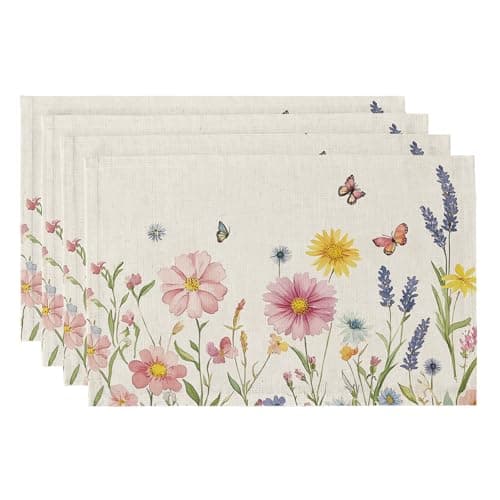 Image of Colorful Star Modern Table Fabric Placemats Set of 4, Durable, Stain-Resistant, Machine Washable & Reusable, Perfect for Parties, Holiday Decor and Everyday Use, 45x30cm, Blooming Wildflowers