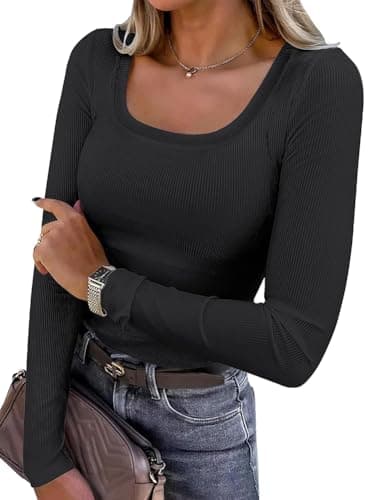 Image of AirMood Women Long Sleeve Casual Ribbed T-Shirts Top Scoop Neck Rib Slim Fit Tunic Tshirt (Black,M)