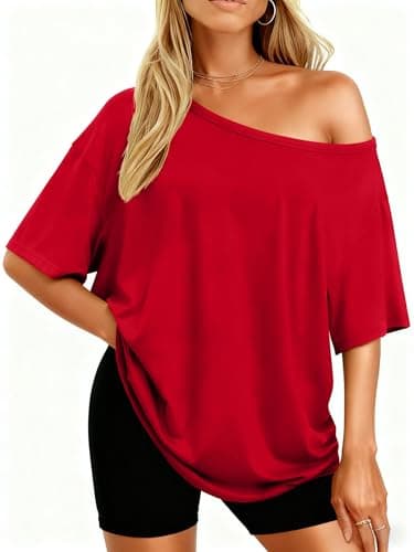 Image of LACOZY Womens Short Sleeve Shirts 2026 Off The Shoulder Tops Sexy Wide Neck Tunic Tops Blouses Red XL