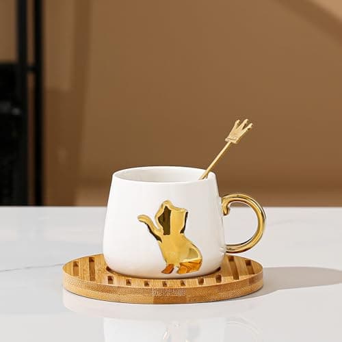 Image of MAGICVOGEL Funny Cat Coffee Cup 170 ml Ceramic Espresso Cup with Spoon and Saucer Cute Cappuccino Cup Gifts for Women Cat Lovers Girls Men Children (White)