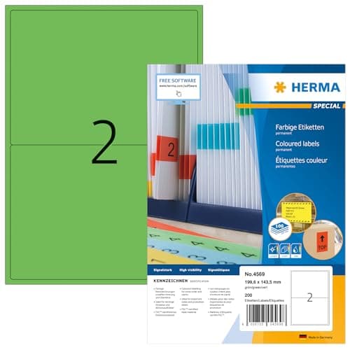 Image of HERMA Green Coloured Labels, 200 Labels per 100 Sheets, A4 Size, 199.6 x 143.5 mm, Suitable for Inkjet & Laser Printers