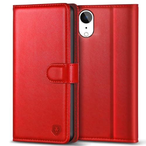 Image of Kuafcase Compatible for iPhone XR Case with 4 Card Slots Magnetic Closure Kickstand Shockproof Protective Phone Case Compatible for iPhone XR - Red