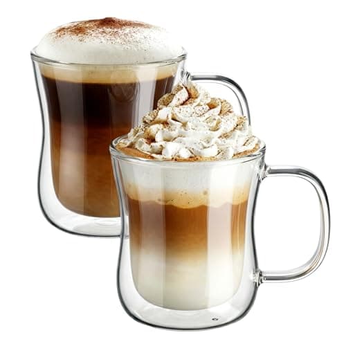 Image of ecooe 2x350ml Double Walled Coffee Glasses Mugs Cappuccino Latte Macchiato Glasses Cups with Handle Borosilicate Heat Resistant Glass Cups for Coffee Tea Milk Juice Ice Cream