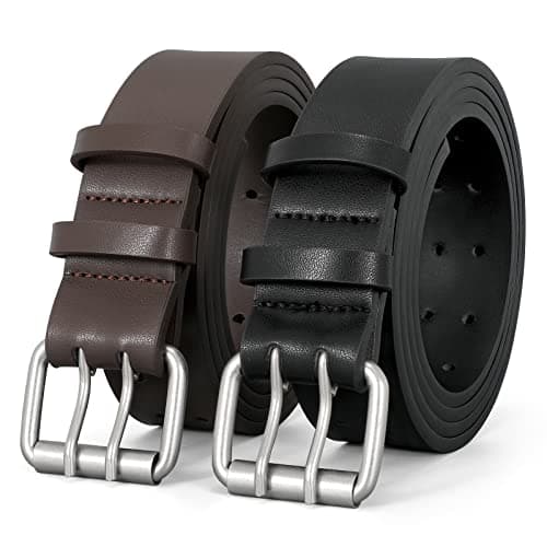 Image of LEACOOLKEY 2 Packs Double Prong Leather Belts for Men PU Leather Work Belt For Jeans,2 Holes Casual Leather Belt for Men，Black+Coffee，Fits Pants Size up to 38"