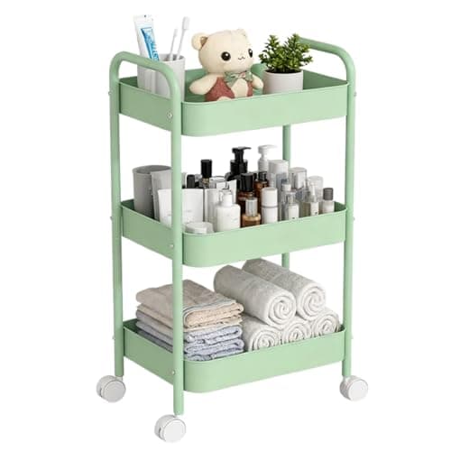 Image of Siocok 3 Tier Metal Storage Trolley on Wheels, Storage Cart, Rolling Utility Cart, Easy Assembly for Home Kitchen, Bathroom Laundry and Office (Green)