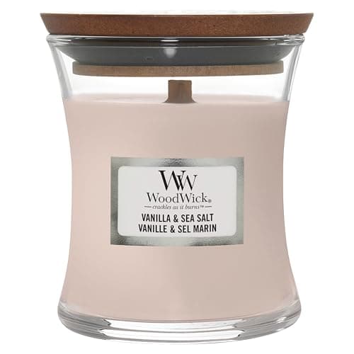 Image of WoodWick Scented Candle with Crackling Wick | Vanilla & Sea Salt Mini Hourglass Candle | Up to 20 Hours Burn Time | Perfect Gifts for Women