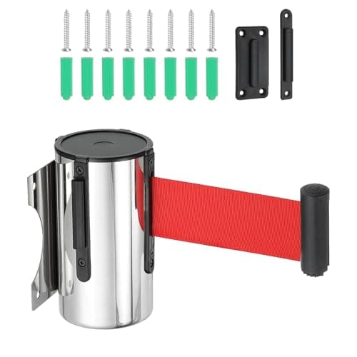 Image of PATIKIL Fixed Wall Mount Retractable Belt Barrier, 16.4 Feet Fixed Retractable Belt Barrier with Steel Case for Crowd Control Grocery Retail Store Stadium, Silver Tone/Red
