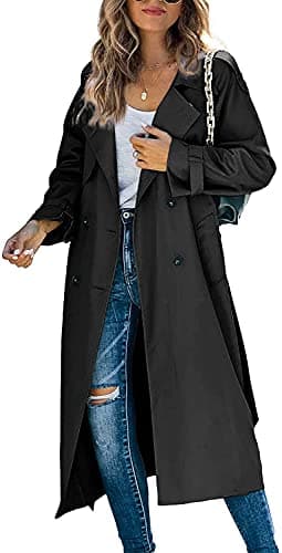 Image of Loalirando Women Casual Long Trench Windproof Coat with Belt Solid Colour Double-Breasted Lapel Collar Windbreaker Jacket Spring Autumn Coat S-2XL (Black, XL)