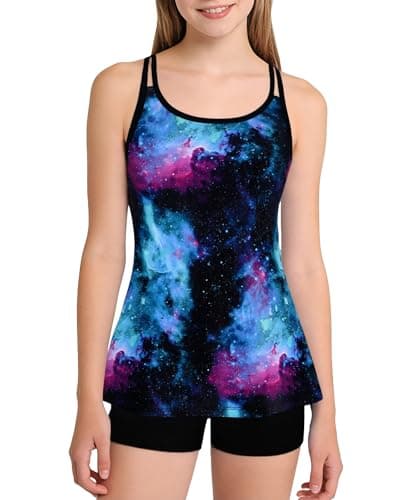 Image of Amissz Swimming Costume with Shorts Girls Swimsuit Adjustable Shoulder Straps Purple Gradient Nebula Texture Top with Shorts Set Quick Dry Bathing Suits for Teenage Girl 15-16 Years Black Blue