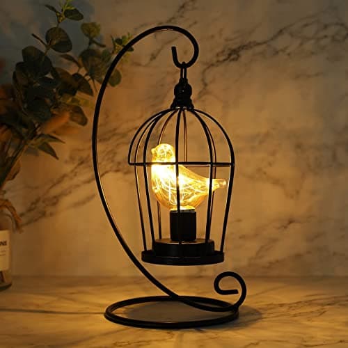 Image of JHY DESIGN Birdcage Style Decorative Table Lamp 31cm High Battery Operated Accent Cordless Lantern Lighting with Warm Fairy Lights Bird Bulb for Living Room Bedroom Kitchen Wedding Outdoor (Black)