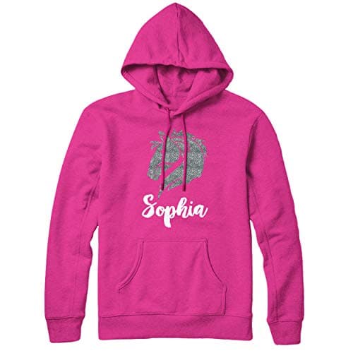 Image of Silver Glitter Horse Head Personalised Name Horses Riding Hoodie Horse Rider Gift Equestrian Jumper Sweatshirt Name Horses Hoodies for Girls Hoody TOP (Bright Pink, Large - Adults)