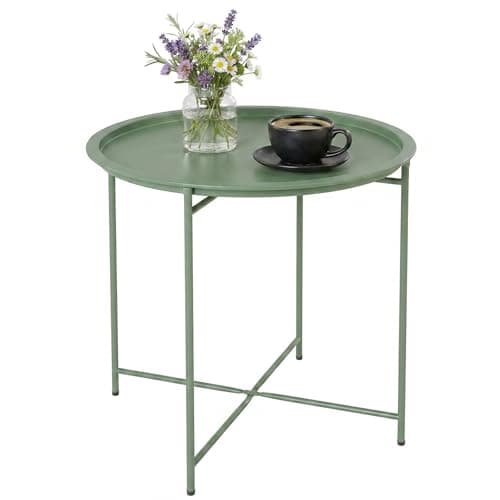 Image of Outsunny Round Small Garden Table with Removable Tray and Folding Legs, Metal Garden Side Table, Indoor Outdoor Coffee Table End Table for Patio, Balcony, Porch, 46 x 46 x 53 cm, Green