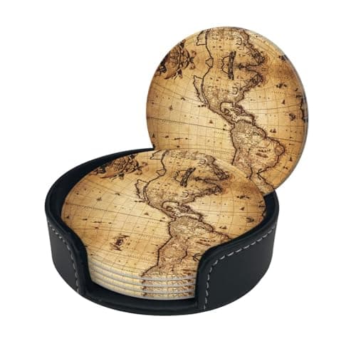 Image of World Map Print Round Leather Coasters - Set Of 6, Ultra-Fiber Pu Leather