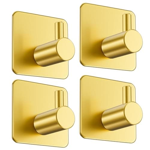 Image of Aikzik 4 Self Adhesive Hooks, Extra Sticky and Strong, Stick on Hooks for Hanging up to 8KG, Coat Hooks on Wall or Door for Towel, Coat, Hat, Key - Gold