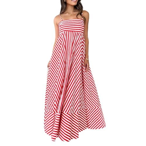 Image of YILEEGOO Women's Summer Striped Maxi Dress 2024 Sexy Spaghetti Strap Flowy Swing Long Dress Boho A Line Beach Sundresses (Swing Striped Red, M)