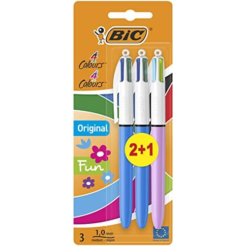 Image of Bic 883783 4 Colours Original and Bic 4 Colours Fun Ball Pens Medium Point (1.0 mm) - Blue, Green, Lilac, Lime, Turquoise, Pink, Red, Black, Purple, 3 Count (Pack of 1)