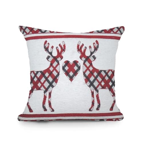 Image of Velosso Christmas Soft Cotton Chenille Tapestry Cushion Cover Xmas Festive Scatter Cushions Nordic Santa Reindeer Stag Snowman (1, Stag Highland Check, 43x43cms)