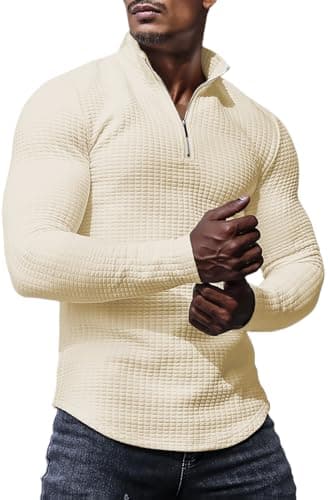 Image of KUYIGO 1/4 Zip Polo Shirts for Men Long Sleeve Slim Fit Shirts Casual Muscle Stretch Knitted Shirt XL Apricot