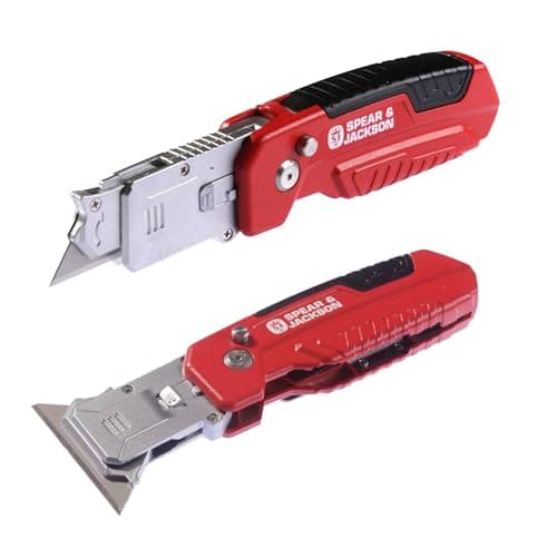 Image of Spear & Jackson SJ1790 2-in-1 Trimming Knife and Scraper - Multi-Functional Utility Knife & Scraping Tool, Folding Cutting Blade Stores in Handle, Rotating Blade for Scraping + 10 Spare Blades