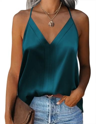 Image of Zeagoo Womens Silk Tank Tops 2024 Basic Stain Camisole Tank Cami Summer Blouses V Neck Casual Sleeveless Tops UK Green M