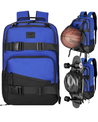 Image of WOLT Skateboard Backpack, 15.6 Inch Laptop Backpack for Men Women, Sports Backpack with Ball Holder, Blue