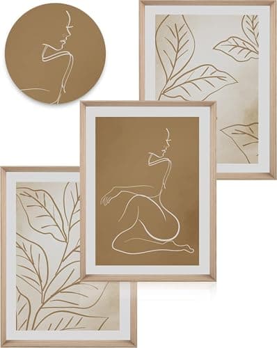 Image of UPWOIGH Boho Canvas Wall Art(No Plexiglass), Framed High Side Wall Art, 16x12in Yellow-Brown Abstract Woman and Leaf Lines Minimalist Wall Decor for Living Room Bedroom Set of 3
