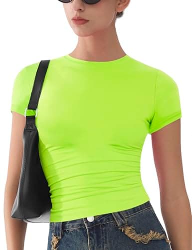 Image of Womens Basic Short Sleeve Slim Fit T Shirts Soft Crewneck Crop Y2k Tees Summer Stretchy Cute Tops Neon Green M
