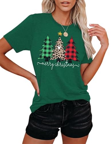 Image of Christmas Tshirt Women Merry Christmas Leopard Tree Graphic T-Shirts Short Sleeve Xmas Holiday Tops (Green-a,S)