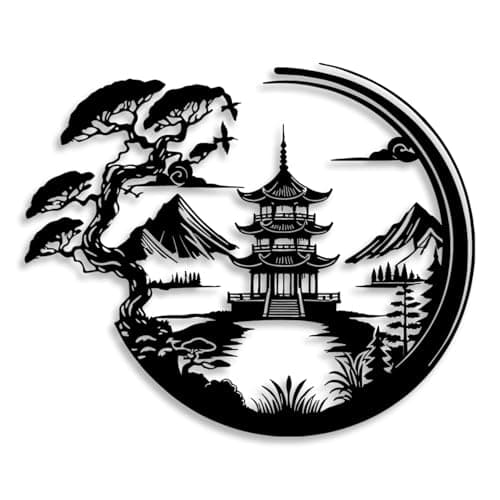 Image of LIYOUYA Bonsai Tree Torii Gate Metal Wall Decor - Japanese Style Room Decor Black Wall Art Home Decor for Living Room, Bedroom, Dining Room (Black)
