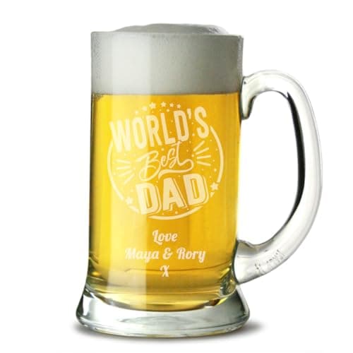 Image of Personalised Pint Glass Personalised Engraved Beer Tankard 'World's Best Dad' Design with Custom Message – Fathers Day Gift for New Dad, Birthday, Keepsake Glass Mug
