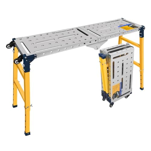 Image of MoPei Versatile Portable Steel Work Platform and Welding Table with Casters | 36x140CM Galvanized Tabletop | 500KG Load Capacity | Adjustable Height