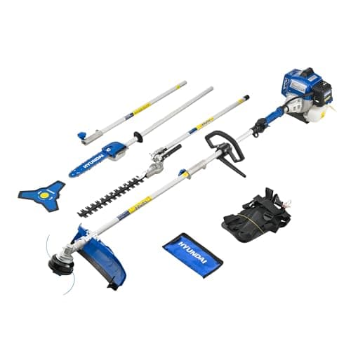 Image of Hyundai 56cc Petrol Multi Tool 5-in-1 – Grass Trimmer, Brushcutter, Hedge Trimmer & Pole Saw Attachments, Split Shaft Design, Harness Included, Heavy Duty Garden System