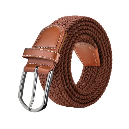 Image of Braided Elastic Belt for Men & Women – PU Leather Stretch Vegan Belts with Sizes M–XL (Brown, M)