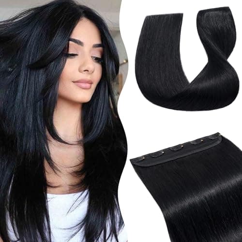Image of TESS Clip In Hair Extension Remy,Hair Extensions Real Human Hair One Peice 5 Clips Straight Natural Hairpieces for Womens/Girls(#1 Jet Black,24Inch)
