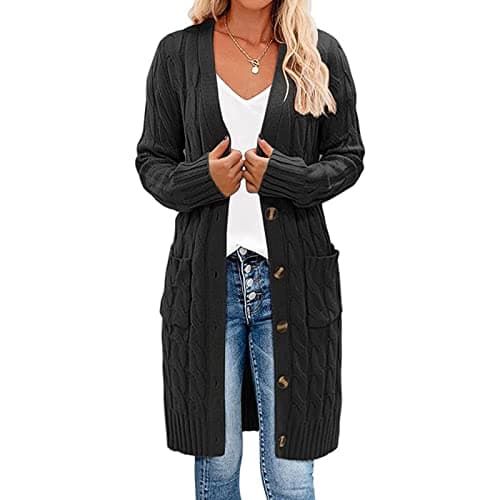 Image of Earnmore Womens Long Sleeve Cable Knit Long Cardigan Open Front Button Sweater Outerwear, Black,
